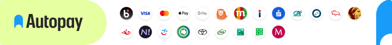 Płatności online obsługuje Autopay S.A.: BLIK, karty Visa i Mastercard, Apple Pay, Google Pay oraz szybkie przelewy bankowe